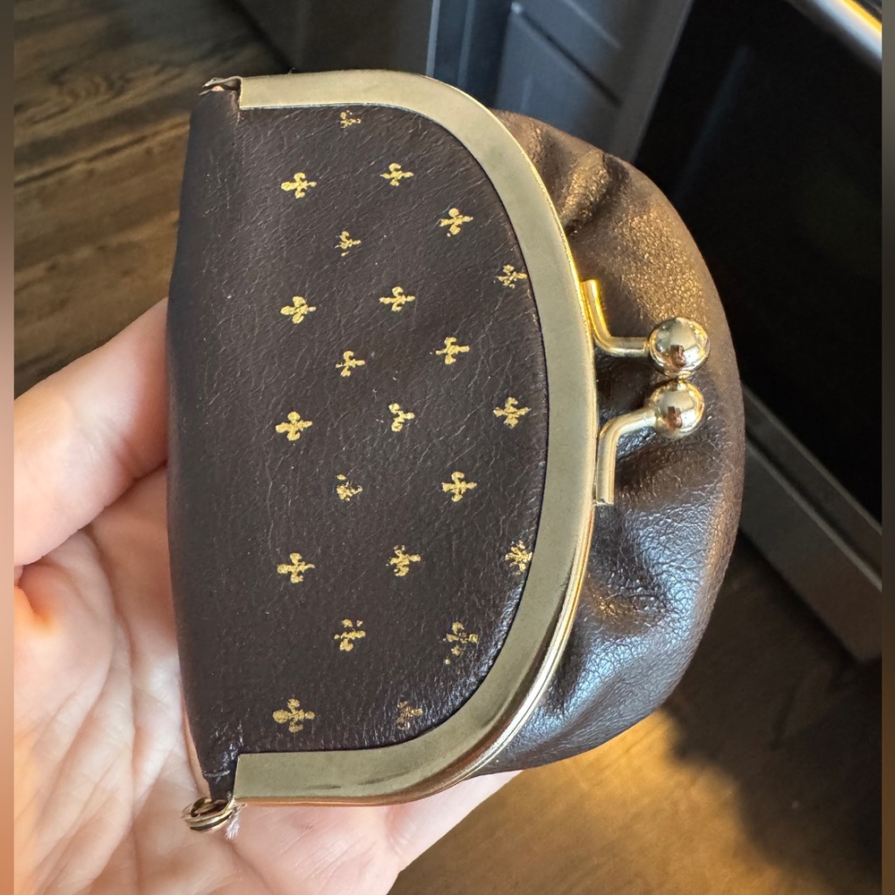 Vintage Italian Leather Coin Purse Gold Fleur de Lis Design